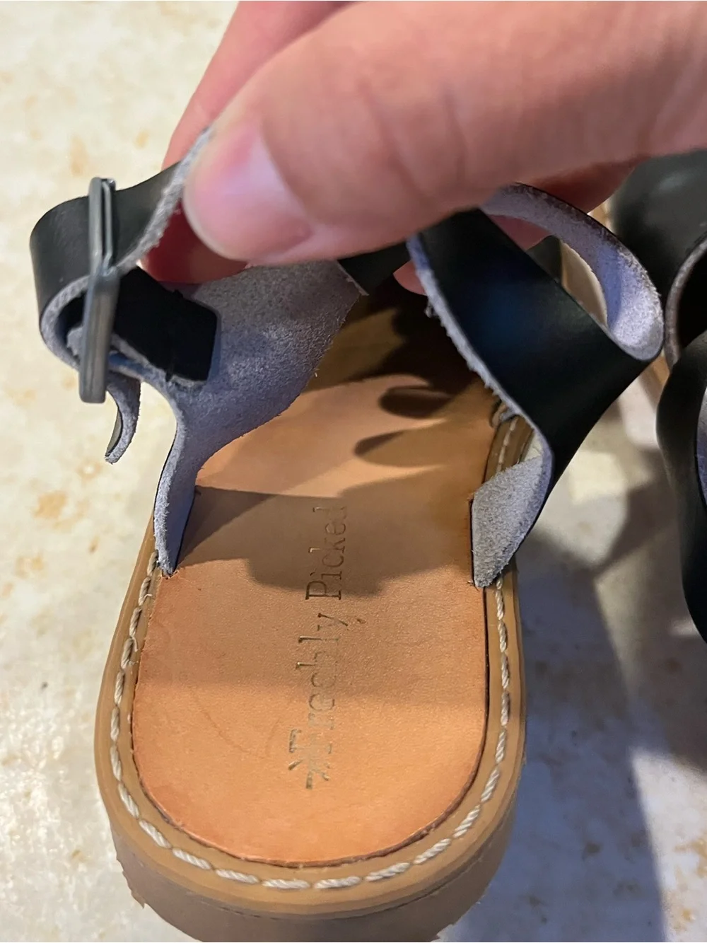 Kids Black T-Strap Leather Sandals